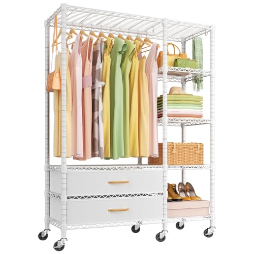 F3R Heavy Duty Clothes Rack（With Lockable Wheels）Freestanding Clothing Racks for Hanging Clothes，Adjustable Closet Organizer System，Portable Garment Rack 40"W x 15"D x 74"H，Max Load 700LBS，White - color: White, style: Rolling