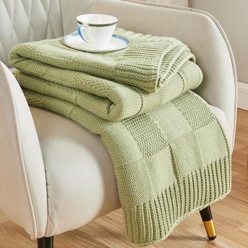 CozeCube Sage Green Knitted Checkered Throw Blanket 50"X60" | Check Knit Throw for Couch, Decorative Christmas Soft Cozy Warm Blanket for Bed Sofa Living Room - color: Sage Green, size: 50"X60"