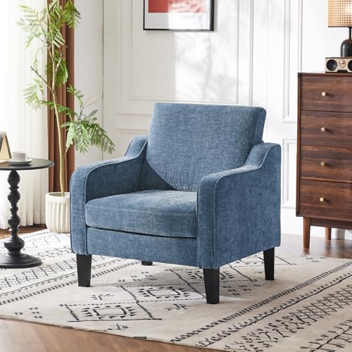 VINGLI Chair Navy Blue Upholstered Chenille Accent Chair for Living Room, Bedroom, Mid-Century Modern Arm Chair Comfy Reading Chair with Scooped Arms - color: Navy Blue