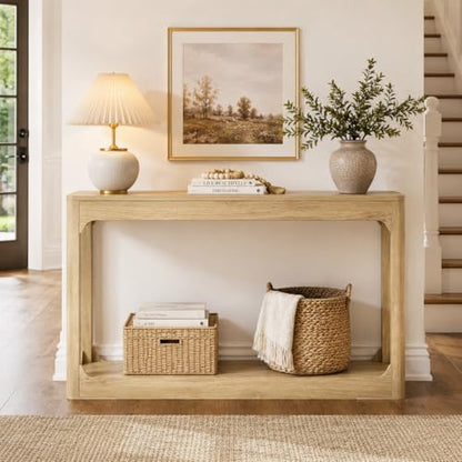 55.1" Console Table, Entryway Sofa Table for Hallway, Natural | Engineered wood, Slim console table, curved legs, 2-tier storage, entryway hallway sofa living room - color: Natural
