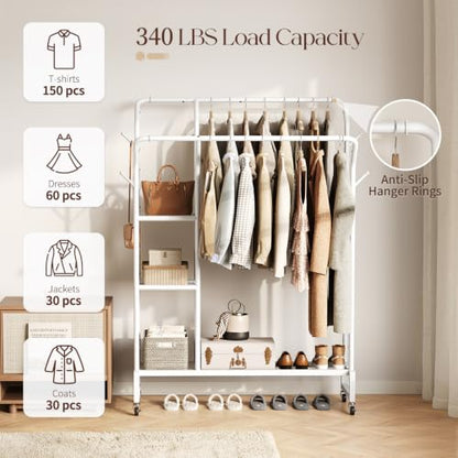 Yoobure Double Rods Clothes Rack - Portable Clothing Rack with Wheels, Rolling Garment Rack with 3-Tier Shelves & 4 Hooks, Freestanding Clothing Racks for Hanging clothes, Coat Rack for Closet Bedroom - color: White