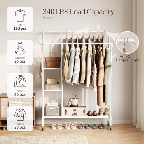 Yoobure Double Rods Clothes Rack - Portable Clothing Rack with Wheels, Rolling Garment Rack with 3-Tier Shelves & 4 Hooks, Freestanding Clothing Racks for Hanging clothes, Coat Rack for Closet Bedroom - color: White