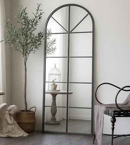 Floor Length Mirror, Black Wall Mirror, 56"x22" Large Arched Window Pane Mirrors, Oversize Farmhouse Full Body Standing Mirrors for Living Room, No Stand - color: Window Mirror-black, size: 56"L x 22"W