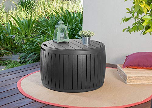 Keter Circa 37 Gallon Wood Panel Style Round Outdoor Deck Box and Storage Table, Grey - color: Grey