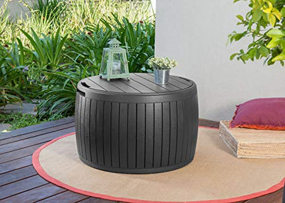 Keter Circa 37 Gallon Wood Panel Style Round Outdoor Deck Box and Storage Table, Grey - color: Grey