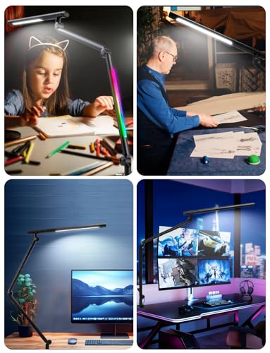LED Desk Lamp with Clamp, Adjustable Swing Arm RGB Desk Light with Remote, Eye-Caring 4 Modes Stepless Dimming Lamp for Home Office Reading Study Gaming - color: RGB Desk Light