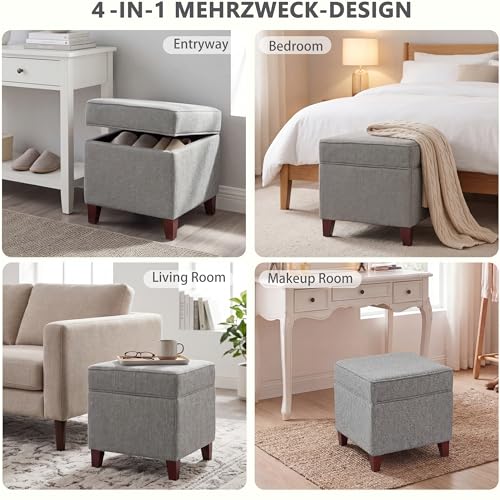 Linen Storage Ottoman with Wooden Legs, 17" Square Upholstered Flip-Top Footrest Stool, Extra Seat or Coffee Table for Living Room, Bedroom, Entryway, Grey - color: Grey