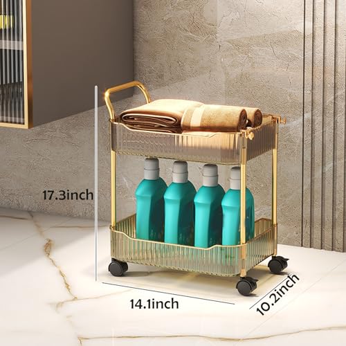 Acrylic Storage Trolley, Bathroom Kitchen Rolling Utility Cart Mobile Organization Shelves with Handle and Lockable Wheel(Gold,2 Tier) - color: Gold, size: 2 Tier