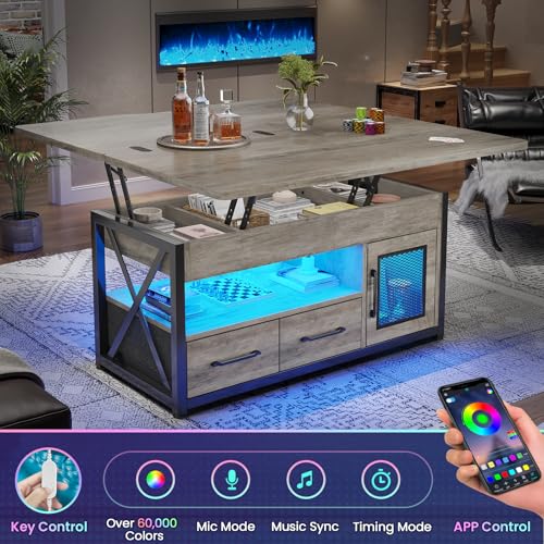 Itaar 40" Lift Top Coffee Table with Storage for Living Room, 4 in 1 Table | Grey LED Expandable Coffee Table with 2 Fabric Drawers & LED Light & Hidden Compartmen for Dining Living Room Table - color: Grey