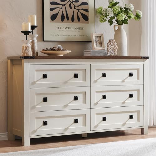 T4TREAM 54" Wide Farmhouse 6-Drawer Dresser for Bedroom, Antique White | Rustic, Wood Storage Cabinet, Metal Handle, Unique Corner Accent, Bedroom, Living Room, Hallway - color: Antique White, size: 15.8"D x 54"W x 31.3"H (6 Drawers)