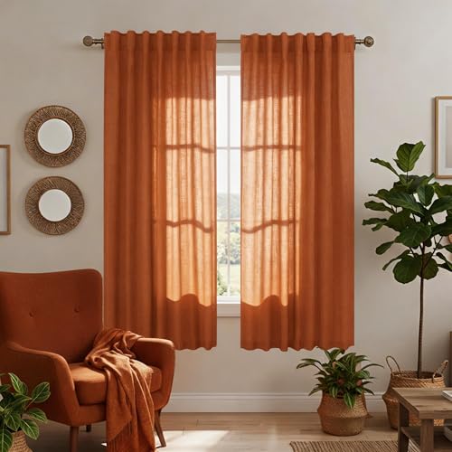 Burnt Orange Linen Curtains 63 Inch Length for Bedroom, Boho Fall Earthy Colors 70s Light Filtering Weight Semi Sheer Curtains for Living Room 2 Panels Set, Pumpkin Dark Orange Autumn Decor - color: Orange, size: 52"W x 63"L (Pack of 2)