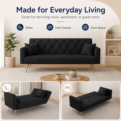 Majnesvon 71" Convertible Folding Sleeper Sofa Couch,Modern Velvet Loveseat Sleeper with 2 Pillows, Futon Sofa Bed with Mattress and Frame for Living Room,Bedroom,Small Space (Black) - color: Black