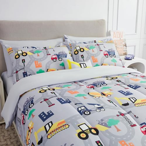 Kids Twin Comforter Sets for Boys 6 Pieces Excavator Grey Bedding Set for Teens Soft Microfiber Kids Bed in A Bag with Comforter, Sheet Set, Shams and Decorative Toy Pillow All Season - color: Excavator, size: Twin