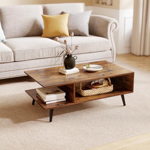 GOFLAME Wood Coffee Table, 2-Tier Mid Century Modern Center Table with 2 Open Storage Compartments & Metal Legs, Rectangular Accent Tea Tables for Living Room, Home Office, Apartment, Rustic Brown - color: Rustic Brown