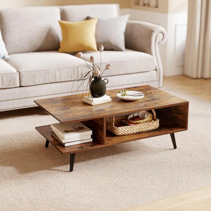 GOFLAME Wood Coffee Table, 2-Tier Mid Century Modern Center Table with 2 Open Storage Compartments & Metal Legs, Rectangular Accent Tea Tables for Living Room, Home Office, Apartment, Rustic Brown - color: Rustic Brown