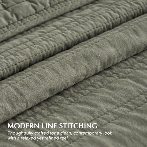EVERGRACEHOME 100% Cotton Modern Lines Quilt Set Queen Size, Olive Green | Pre-Washed Soft Cotton, Striped Coverlet Bedspread, 3 Piece Lightweight Bedding Set for All Season, with 2 Pillow Shams - color: Olive Green, size: Full/Queen (92" X 92")