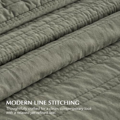 EVERGRACEHOME 100% Cotton Modern Lines Quilt Set Queen Size, Olive Green | Pre-Washed Soft Cotton, Striped Coverlet Bedspread, 3 Piece Lightweight Bedding Set for All Season, with 2 Pillow Shams - color: Olive Green, size: Full/Queen (92" X 92")