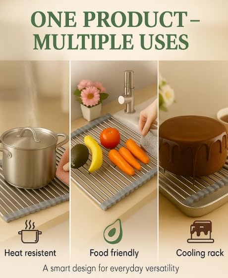 Over Sink Dish Dryng Rack - Roll Up Stainless Stell & Silicone Drying mat, Heat Resistant, Non-Slip & Foldable, Space Saving Kitchen Organizer (17.3"x 15.7") - color: Gray