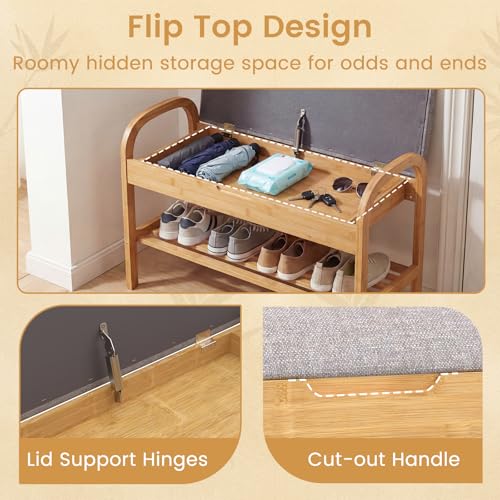GOFLAME Bamboo Shoe Rack Bench with Storage, 2-Tier Entryway Bench with Flip Top Storage and Padded Seat Cushion, Shoe Rack Organizer with Shelf for Hallway, Bedroom, Living Room - style: With Storage