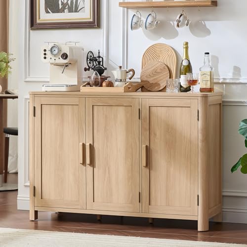 Joaxswe Sideboard Buffet Cabinet with Storage, 46" Arc-Shaped Credenza | 3 Doors & Adjustable Shelves, Stable Leg, Mid Century Modern Coffee Bar Cabinet for Kitchen, Living Room, Entryway, Natural - color: Natural, size: 3 door