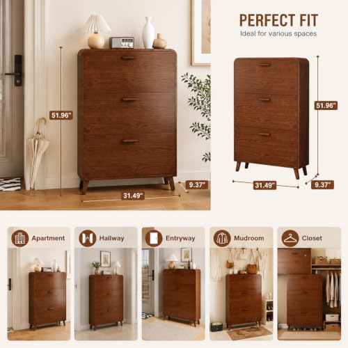 3 Tier Slim Shoe Cabinet with Flip Drawers, Entryway Shoe Storage | Store 18-24 pairs of shoes with flip drawers and adjustable shelves for narrow entryways, apartments and small spaces.