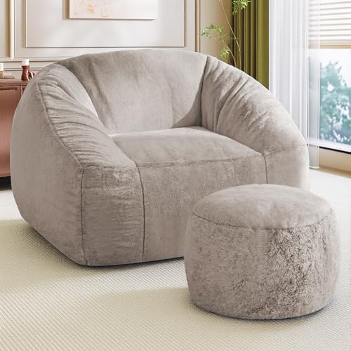 Bean Bag Chairs with Ottoman for Adults, Comfy Beanbag Chair with High-Resilience Foam, Oversized Bean Bag Sofa with Soft Faux Fur Fabric, Bean Bag Chair for Living Room,Bedroom,Khaki - color: Khaki W/Ottoman