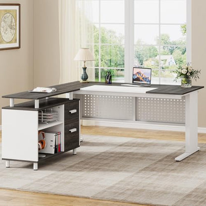 Tribesigns 63 Inch Executive Desk with File Cabinet, L Shaped Office Desk with Drawers and Storage Shelves, Business Furniture Set Workstation for Home Office, Gray and White - color: White and Gray