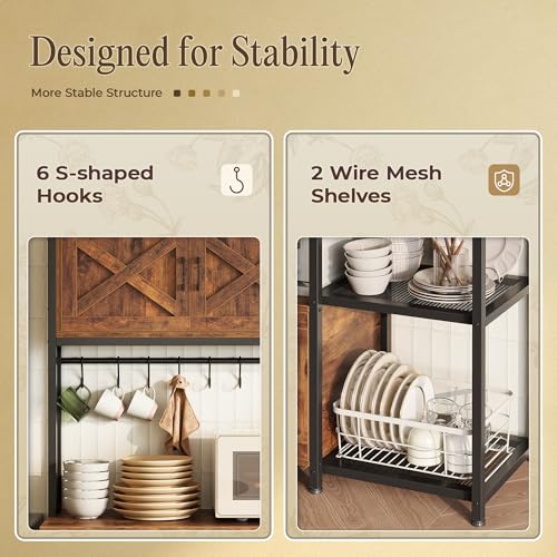Huuger Large Bakers Rack with Power Outlet, Kitchen Microwave Stand with Cabinets, Coffee Bar Table Station with Storage, 6 S-Shaped Hooks, Mesh Shelves, 45 Inch Wooden Top, Rustic Brown - color: Rustic Brown