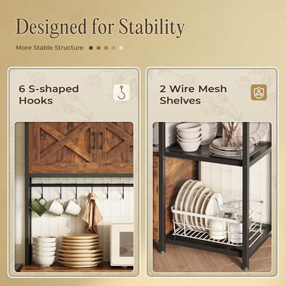 Huuger Large Bakers Rack with Power Outlet, Kitchen Microwave Stand with Cabinets, Coffee Bar Table Station with Storage, 6 S-Shaped Hooks, Mesh Shelves, 45 Inch Wooden Top, Rustic Brown - color: Rustic Brown
