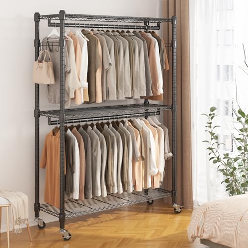 BATHWA Heavy Duty Rolling Clothes Rack with Wheels, 640 lb Hanger Rack & Garment Rack, 25mm Metal Freestanding Portable Closet, 2 Rods + Adjustable Shelves for Hanging Clothes - color: Black, size: Upgraded & Large
