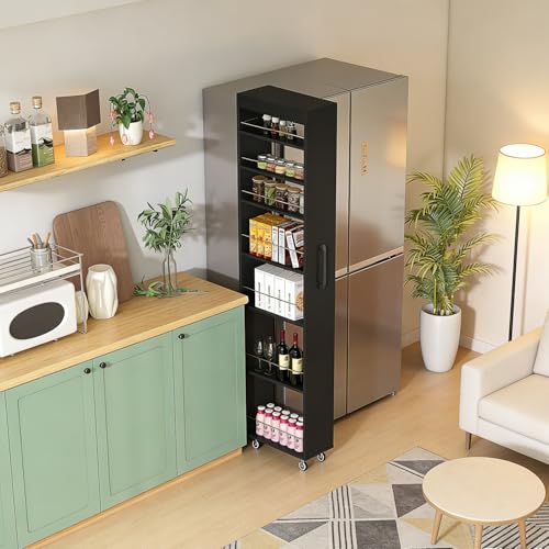 7-Shelf Tall Narrow Storage Cabinet with Wheels, 71 Inch, Black | Slim Pull-Out Organizer, 7.87 Inch Wide for Small Spaces Between Washer/Dryer, Kitchen, Bathroom and Laundry Room - color: E-black