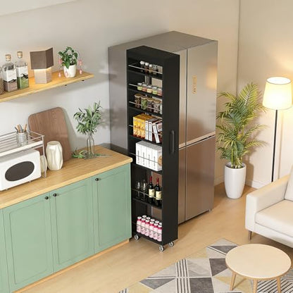7-Shelf Tall Narrow Storage Cabinet with Wheels, 71 Inch, Black | Slim Pull-Out Organizer, 7.87 Inch Wide for Small Spaces Between Washer/Dryer, Kitchen, Bathroom and Laundry Room - color: E-black