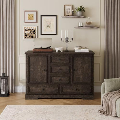 GarveeHome 47" Farmhouse Sideboard Buffet Cabinet, Sideboard Storage credenza with 5 Drawers and 2 Doors, Wood Coffee Bar Cabinet, Buffet Table for Dining Room Living Room, Brown - color: Brown