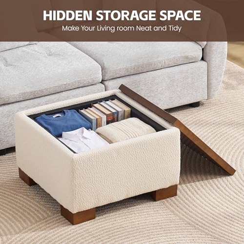 WUTUTUEE 24" Square Ottoman Coffee Table with Storage, Boucle Ottomans with Tray and Solid Wood Legs for Living Room, Bedroom and Apartments, Small Modern Ottoman Tea Table with Lift-Off Lid, Beige - color: 24'' Beige Boucle