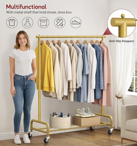 SLEEPING LAMB Heavy Duty Clothes Racks for Hanging Clothing Rack, 43" Wide Rolling Garment Rack Metal Wardrobe Rack with Wheels Closet Hanger Rack for Coats, Shirts, Dress (Gold) - color: Gold, style: Single Rod