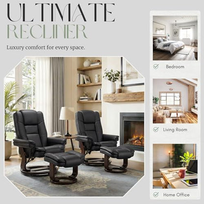 Swivel Recliner Chair with Ottoman Reclining Lounge Sofa Footrest, Set of 1 | 360°Sturdy Wood Base, Soft Faux Leather, Upholstered Ultra-Plush Foam, Modern Armchair, Living Room Bedroom Office Reading - color: Black, size: Set of 1