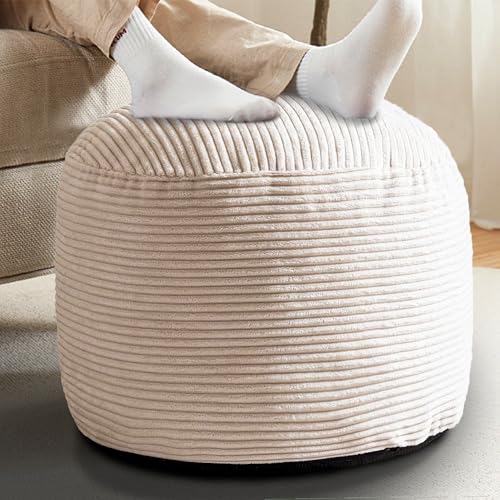 Round Stuffed Pouf Ottoman for Foot Stools, 20"x 15" Corduroy Poufs Ottoman | Shredded Foam Filling, Washable Floor Poufs Foot Rest for Living Room Bedroom Home Decor and Office Chair - color: Beige