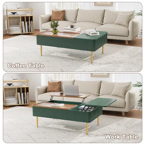 HLR 47" Dual Lift Top Coffee Table with Storage, Modern Wood Fluted Coffee Table with Hidden Compartment,Lift Tabletop Dining Center Table for Living Room, Office (Green)