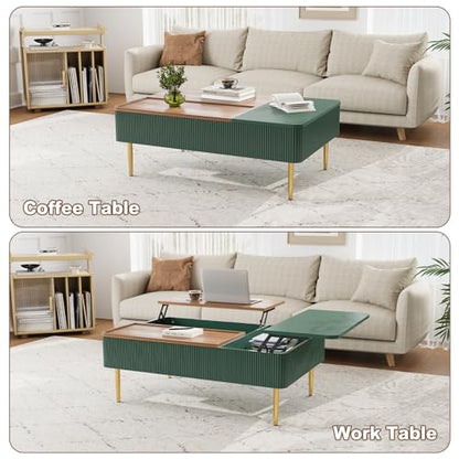 HLR 47" Dual Lift Top Coffee Table with Storage, Modern Wood Fluted Coffee Table with Hidden Compartment,Lift Tabletop Dining Center Table for Living Room, Office (Green)