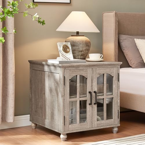 RWYHG Farmhouse 24" End Table Set 2 with Charger, Glass Barn Door, Grey | USB Ports, Solid Wood Legs, Adjustable Storage Shelf, Square Bedside Table for Living Room,Bedroom - color: Grey, size: Set 2