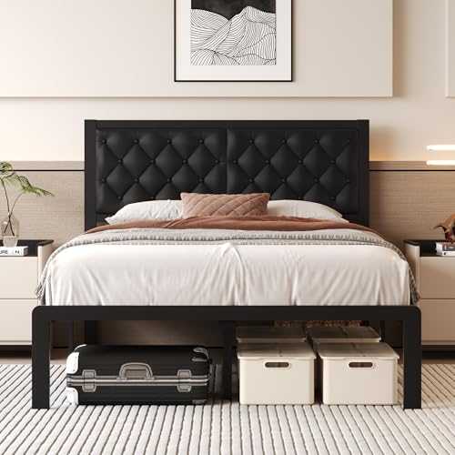 Fluest Full Bed Frame with Headboard PU Leather Upholstered Bed Frame Platform,All Metal Slats Support Platform Bed Frame with Storage Space,Easy Assembly,Noise Free,No Box Spring Needed,Black - color: Black, size: Full