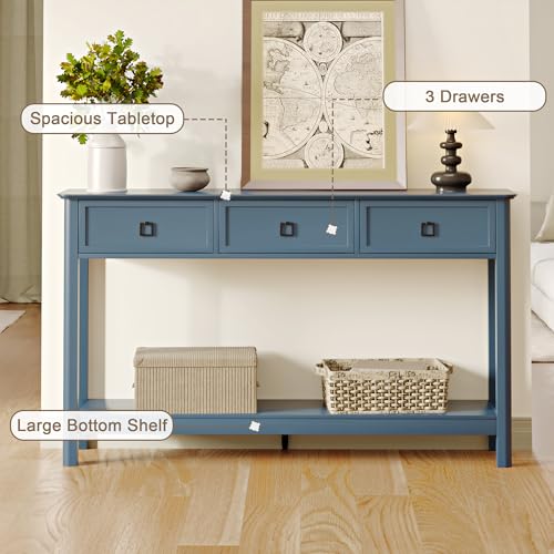 Treocho 53.1" Console Table with 3 Drawers, Sofa Table Behind Couch, 2 Tier | Long Entryway Table with Storage, Modern, For Hallway, Living Room, Blue - color: Blue