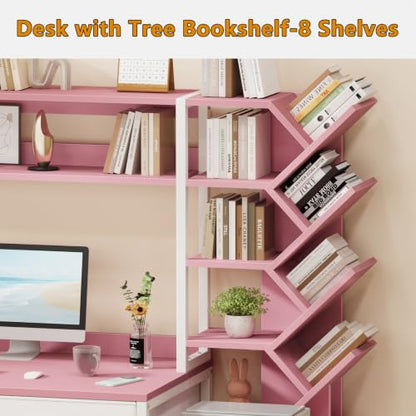 52" Computer Desk with Bookshelf, 5 Drawers ＆ Hutch for Bedroom | Pink Office Desk with Printer Shelf, Study Writing Desk with Storage Shelves - color: Pink