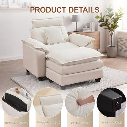 46'' Oversized Chaise Lounge with Ottoman, Cloud Deep Seat Accent Sofa Chair with Detachable Headrest, Double Thicked Cushion Lounge Armchair for Living Room, Bedroom, Beige - color: Beige, size: Chaise Lounge Chair