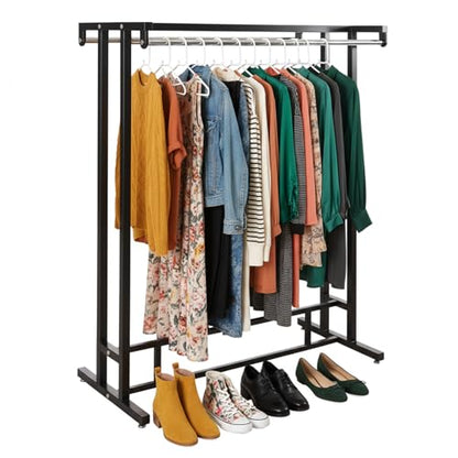 MyGift Black Double Rod Garment Rack with Shelf Freestanding Clothing Stand | Keep clothing organized with a heavy-duty double-rod rack featuring a built-in shelf for shoes, accessories, and essentials - color: Black