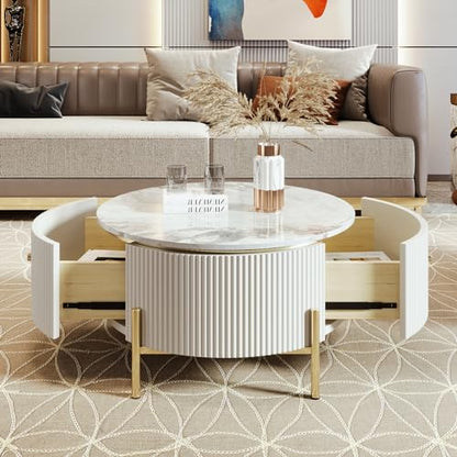 JUSTONE Modern Round White & Gold Coffee Table with Drawers,Drum Coffee Table with Golden Legs Circular Center Table with Marble Pattern Top for Living Room Apartment Office-White - color: 31.5'' - Off White