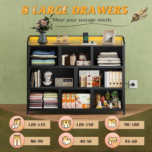 WLIVE Dresser for Bedroom, 8 Drawer LED Dresser, Black Wood Grain | 8 roomy fabric drawers, LED ambient lighting, Built-in power outlet, Bedroom or living room, Chest of drawers - color: Charcoal Black Wood Grain Print, style: 8 Drawers with LED