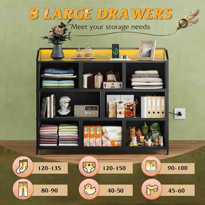 WLIVE Dresser for Bedroom, 8 Drawer LED Dresser, Black Wood Grain | 8 roomy fabric drawers, LED ambient lighting, Built-in power outlet, Bedroom or living room, Chest of drawers - color: Charcoal Black Wood Grain Print, style: 8 Drawers with LED