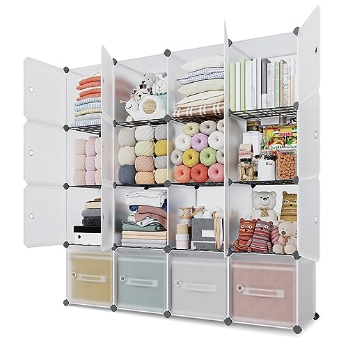 Cube Storage Organizer,16-Cubes Shelf Unit with Door and Metal Mesh. Large Capacity Storage Books,Toy and Clothes Organizers Cabinet. Ideal for Home, Bedroom,Office, Bookroom,White(14x14inch)