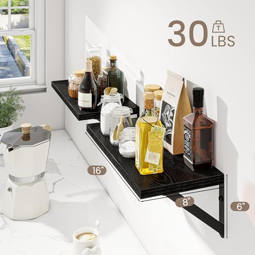 Dreamland Wall Mounted Floating Shelves Set of 2, 16x8, Black | Engineered Wood, Visible Bracket, Large Storage, Hold Up to 30lbs, Living Room, Bathroom, Bedroom, Kitchen - color: Black, size: 16"W x 8"D